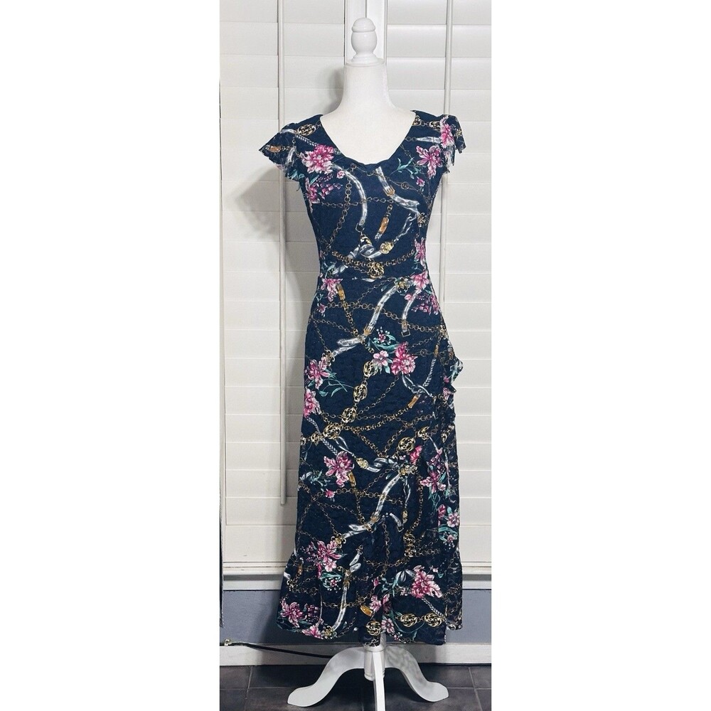 Rue de la Paix Women Size 28 Lace Floral Ruffled Navy Maxi Dress Boho Feminine
